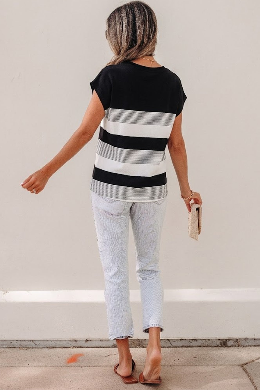Stripe Mixed Print Crew Neck Cap Sleeve T Shirt
