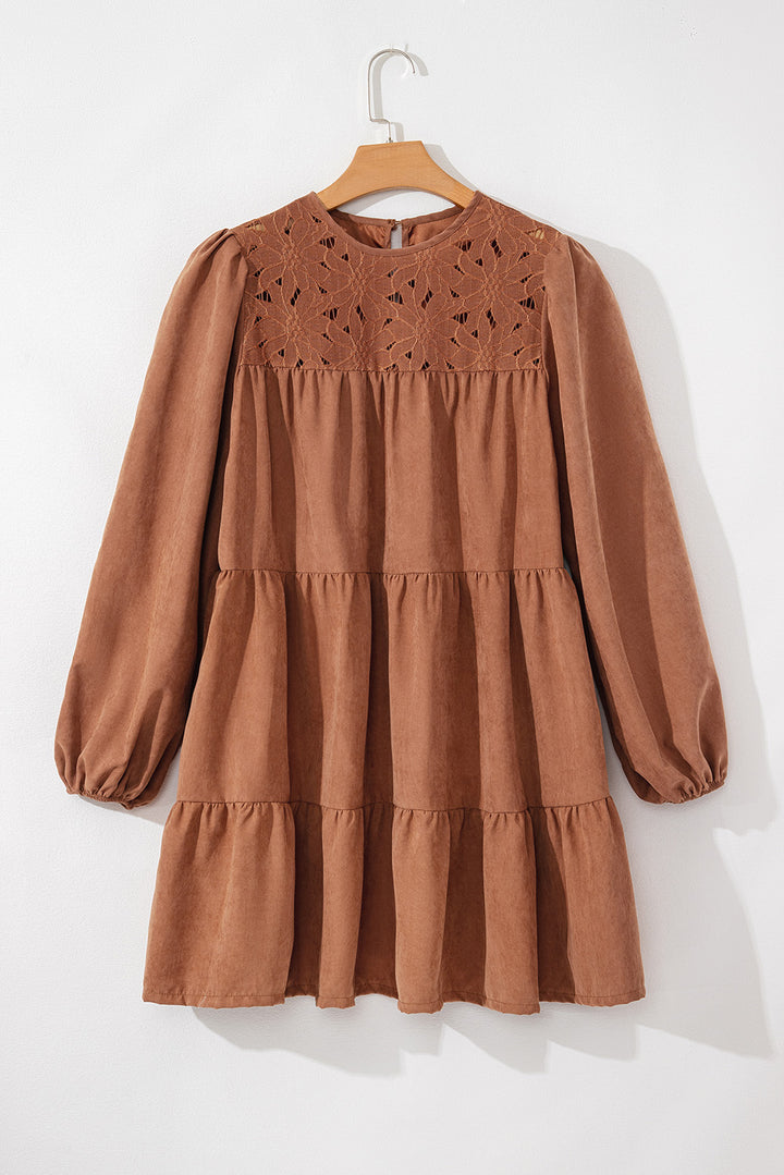 Chestnut Floral Lace Crochet Tiered Ruffled Mini Dress