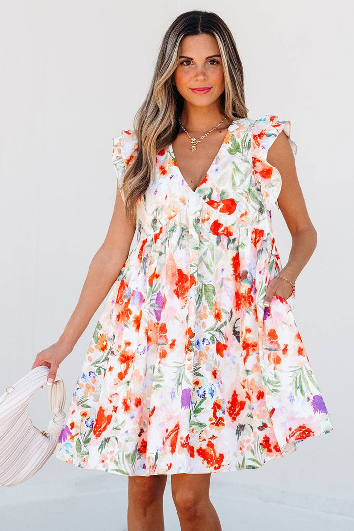 Shop Pink Floral Double Ruffle Sleeve V Neck High Waist Mini Dress at Faith & Co. Boutique. Features vibrant floral print and flattering A-line silhouette.