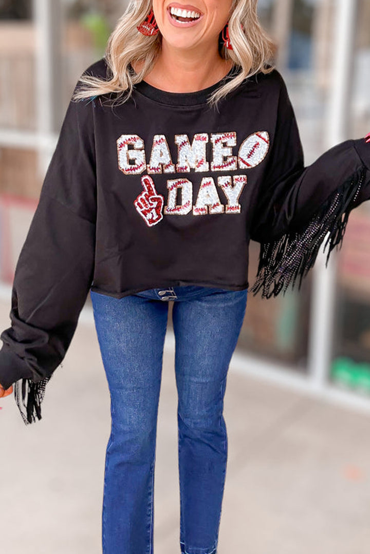 Black GAME DAY Tasseled Cropped Sweatshirt