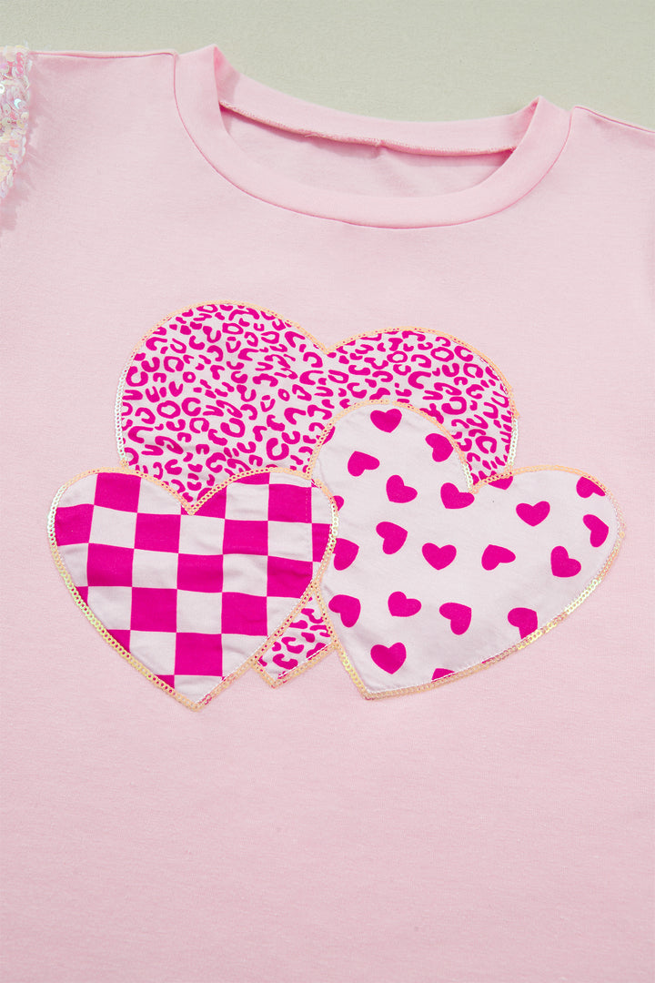 Light Pink Three Sweet Hearts Printed Sequin Trim Contrast Sleeve Patchwork Tee