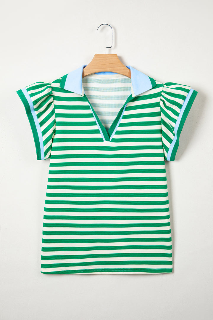 Stripe Contrast Trim Polo Collar Ruffled Short Sleeve Blouse