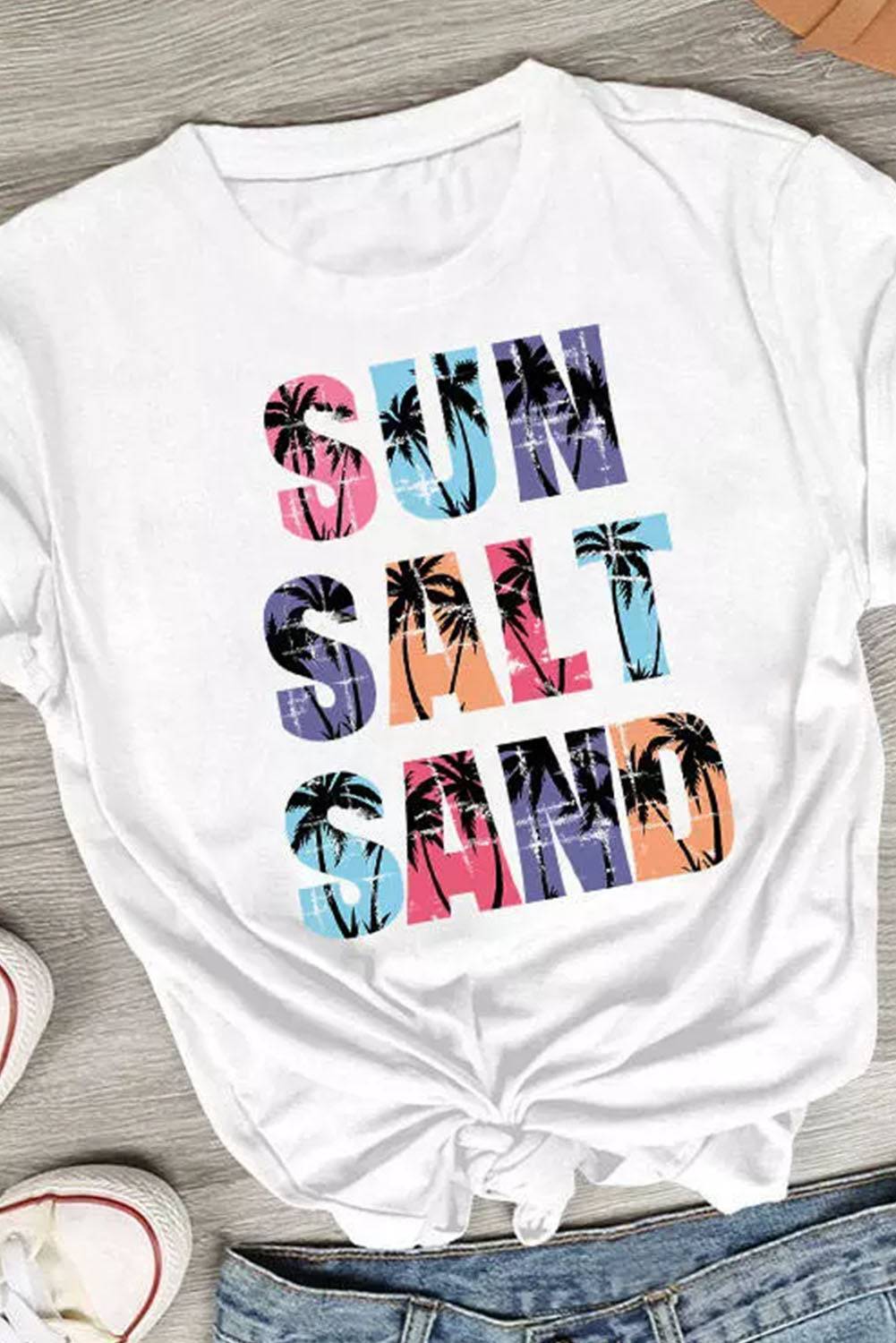 a t - shirt that says sun, salt, sand and palm trees