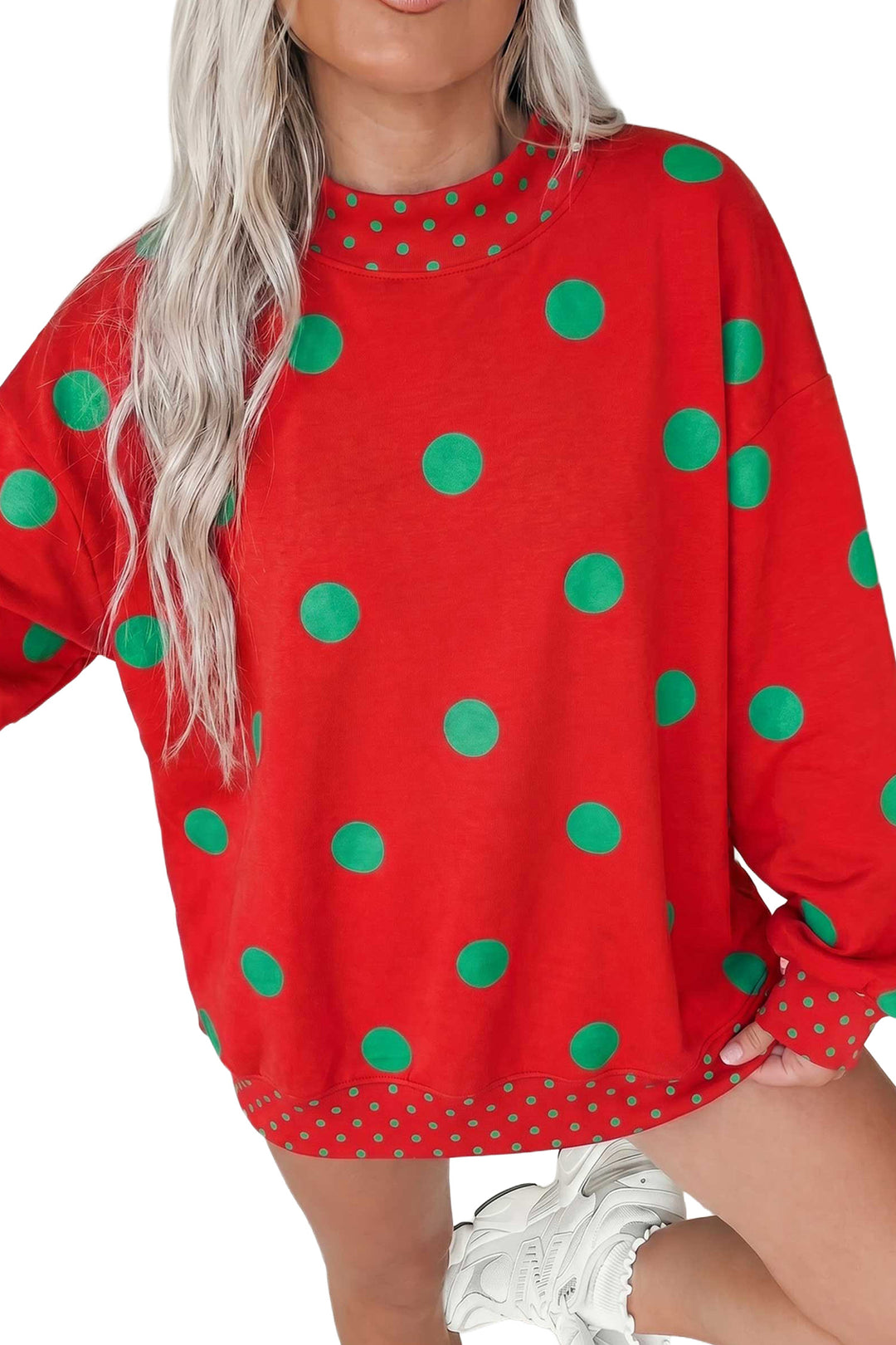 Polka Dot Print Contrast Detail Oversized Tunic Sweatshirt