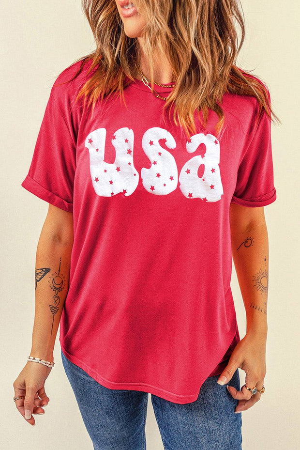 Red Casual USA Stars Graphic Round Neck Roll Up Sleeve Tee -