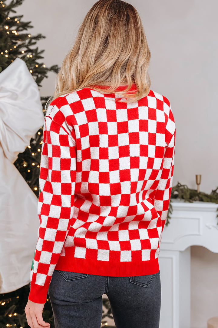 Checkered Christmas Tree Pattern Button V Neck Cardigan Sweater