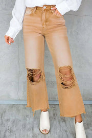Distressed Hollow-out High Waist Cropped Flare Jeans - Brown / 10 / 100%Cotton