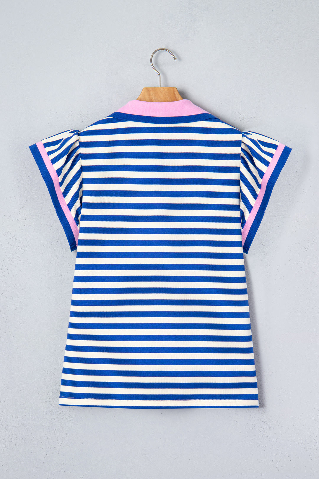 Stripe Contrast Trim Polo Collar Ruffled Short Sleeve Blouse