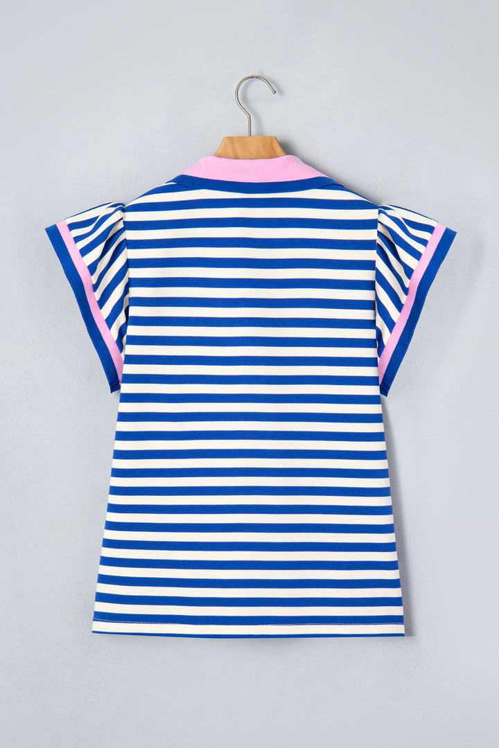 Stripe Contrast Trim Polo Collar Ruffled Short Sleeve Blouse