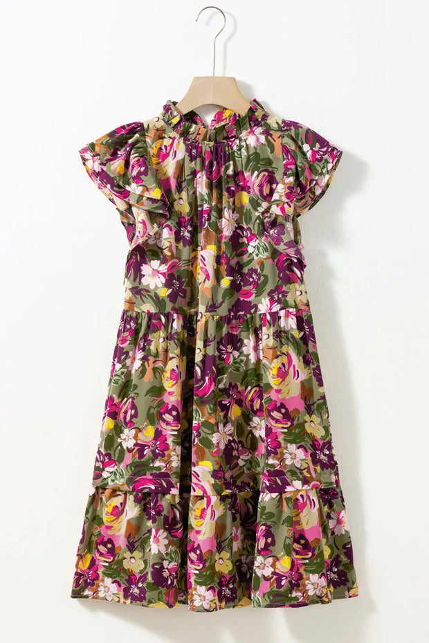 Green Floral Print Ruched Flutter Sleeve Frilled Neck Mini Dress -
