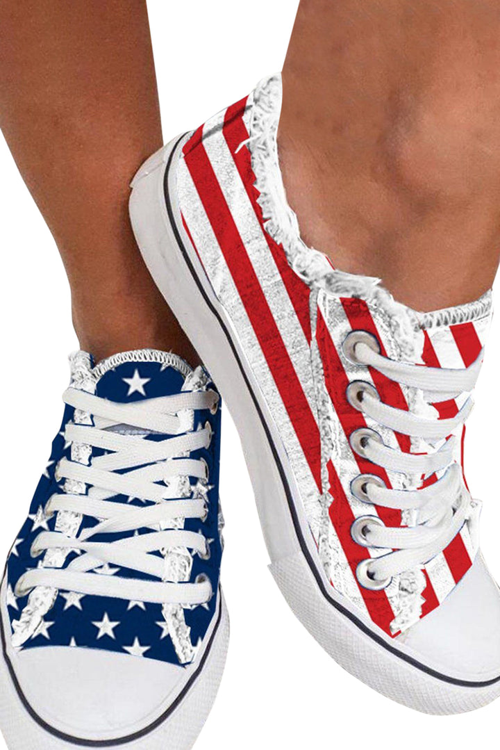 a woman's legs with red, white and blue shoes