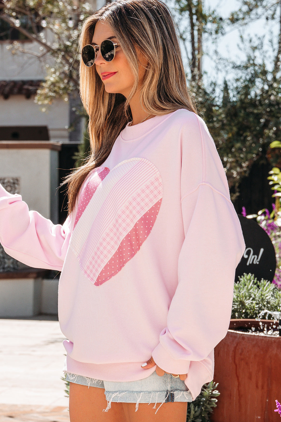 Light Pink Sweetheart Patchwork Mockneck Oversize Sweatshirt