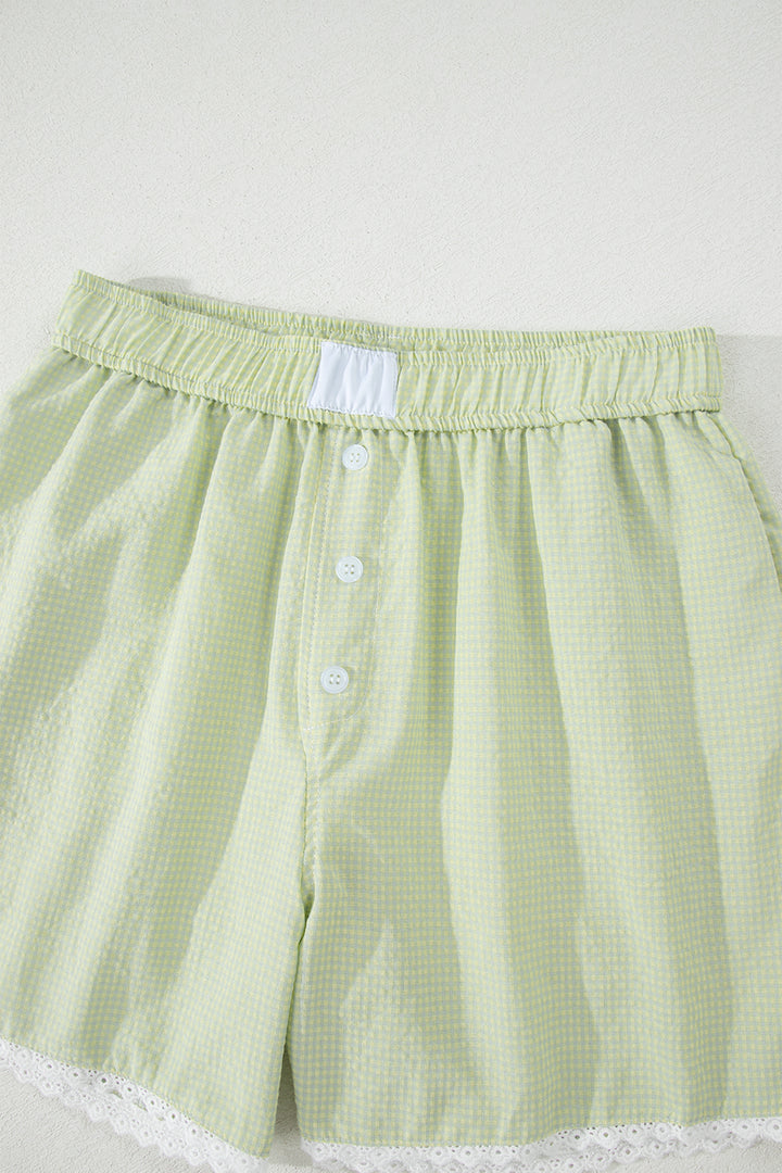 Gingham Plaid Button Detail Lace Trim Boxer Shorts