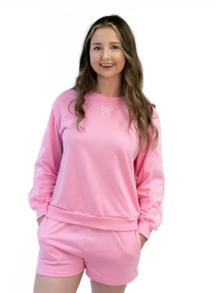 Sachet Pink Bow Embroidery Long Sleeve Pullover and High Waist Shorts Set