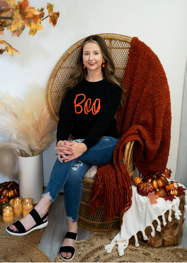 Boo Knitted Pattern Ribbed Edge Drop Shoulder Sweater