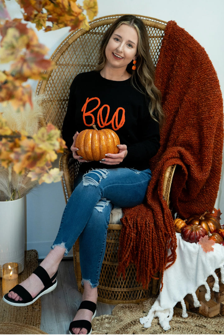 Boo Knitted Pattern Ribbed Edge Drop Shoulder Sweater