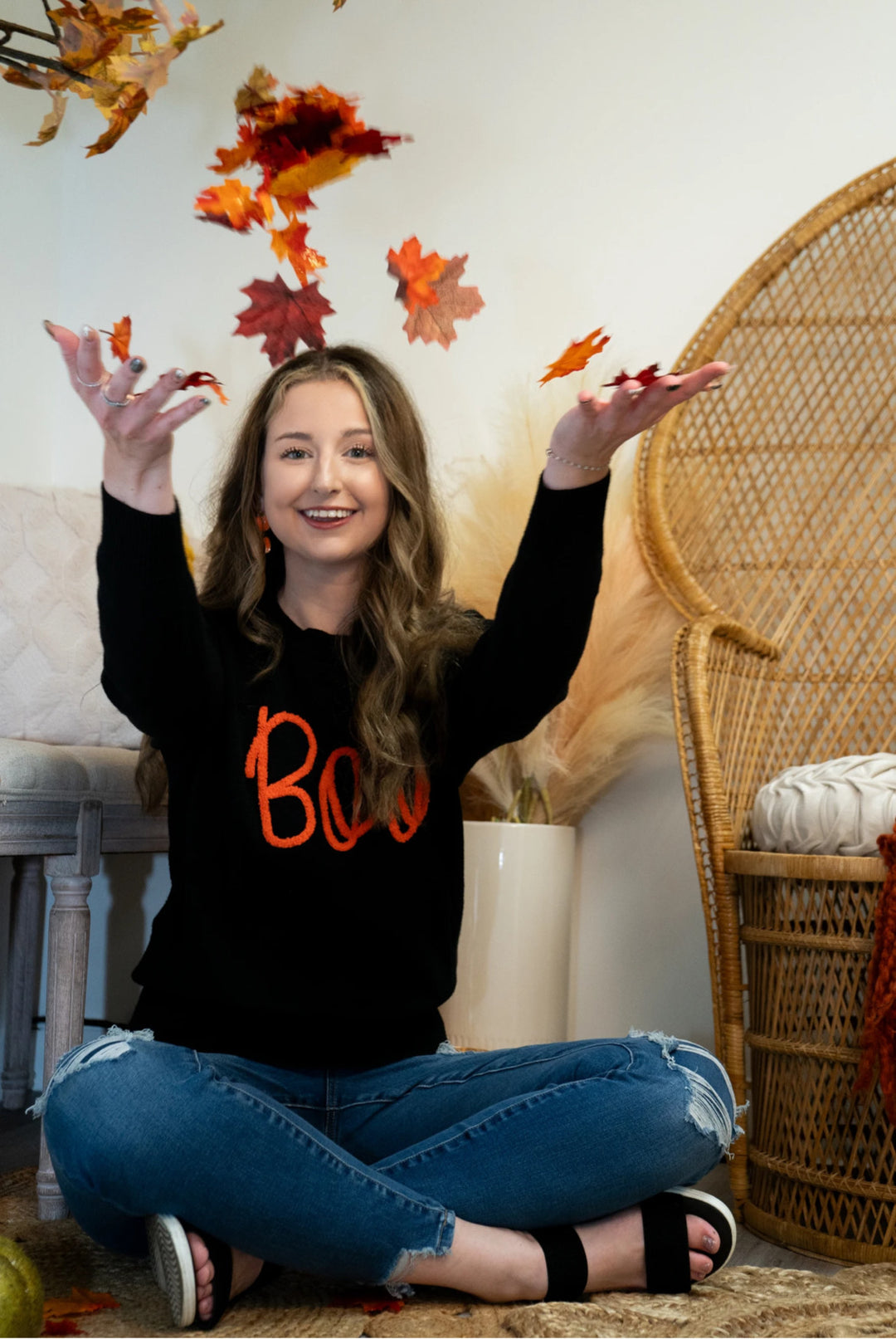 Boo Knitted Pattern Ribbed Edge Drop Shoulder Sweater