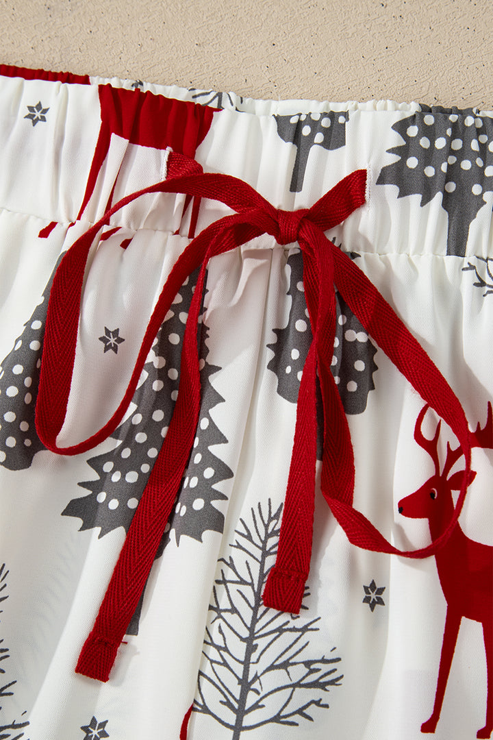 White Christmas Fashion Print Velvet Trim Bow Knot Pajama 2pcs Short Set