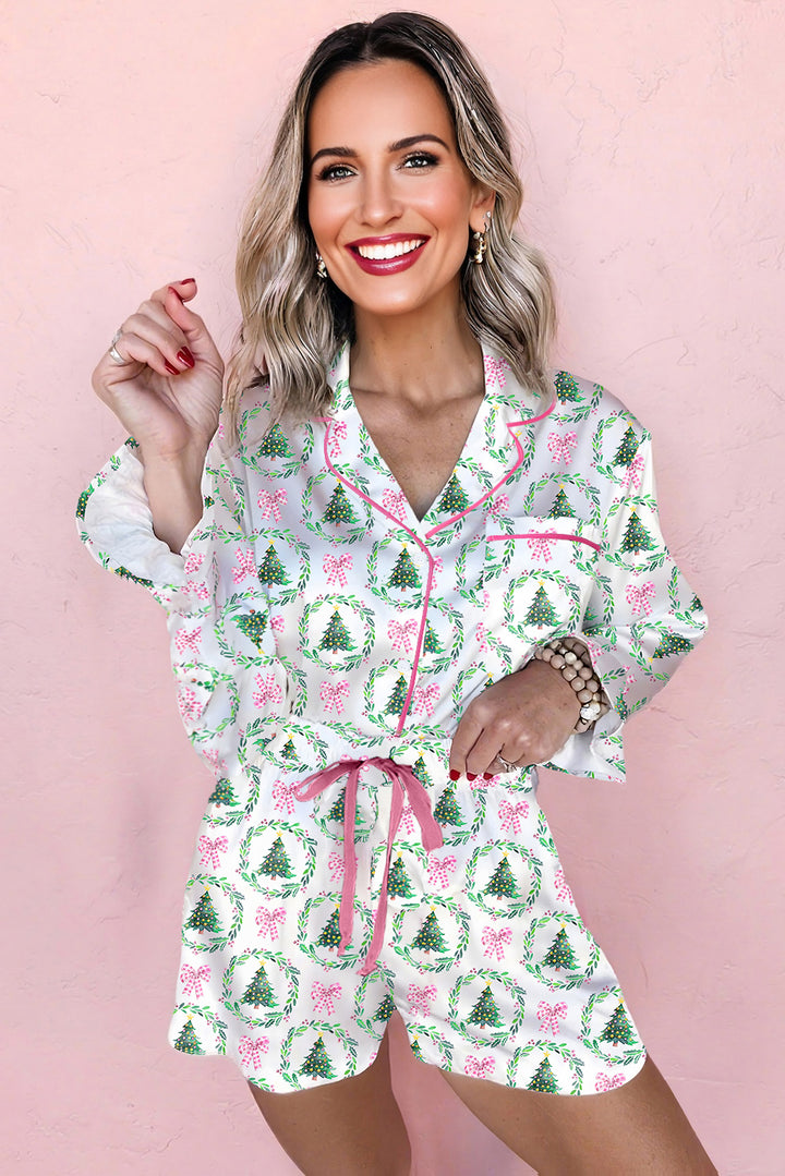 Green Christmas Fashion Print Pajama 2pcs Short Set