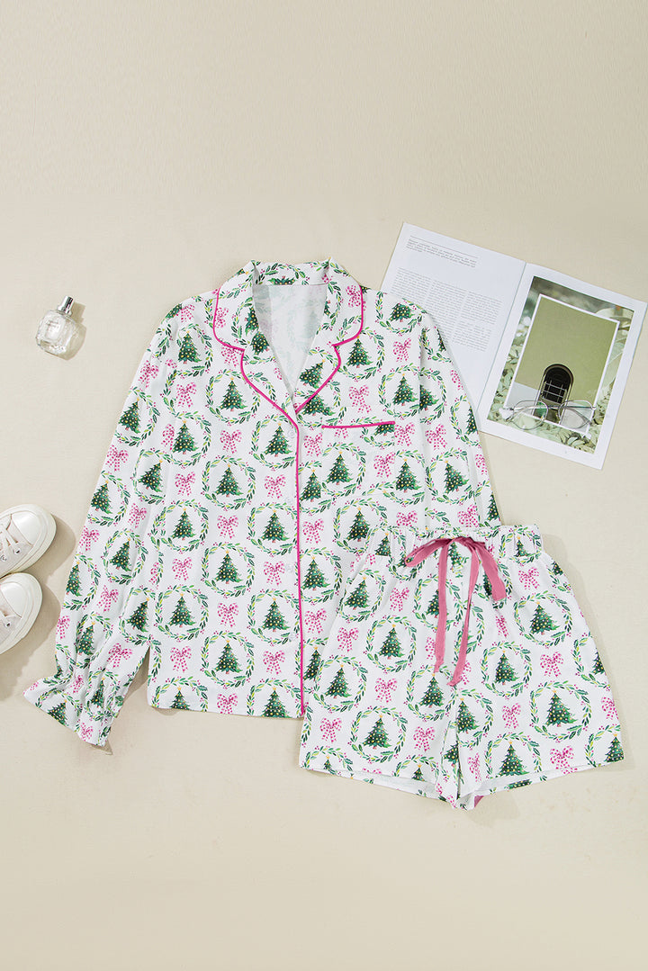 Green Christmas Fashion Print Pajama 2pcs Short Set