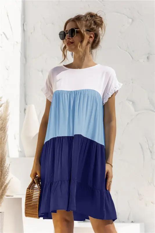 Women's Color Block Loose Short Sleeve Shirt Dress