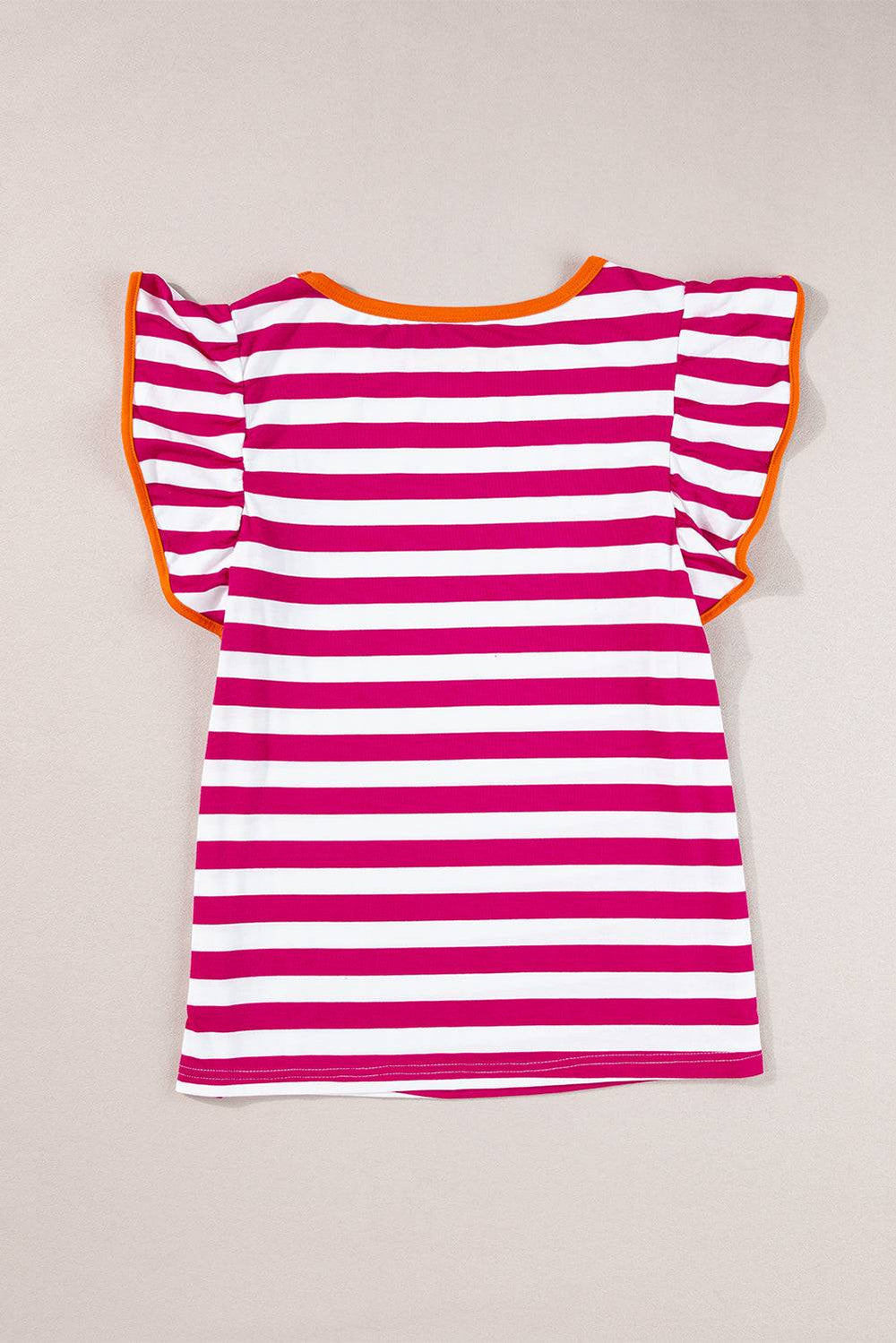 a pink and white striped shirt with orange trim
