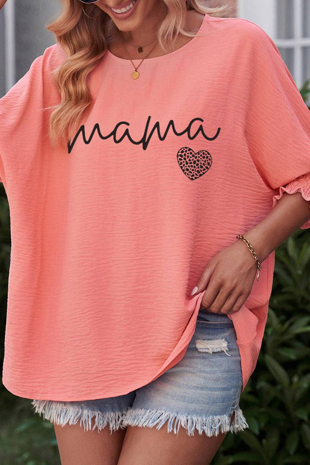Pink mama Leopard Heart Graphic Shirred 3/4 Sleeve Tee -