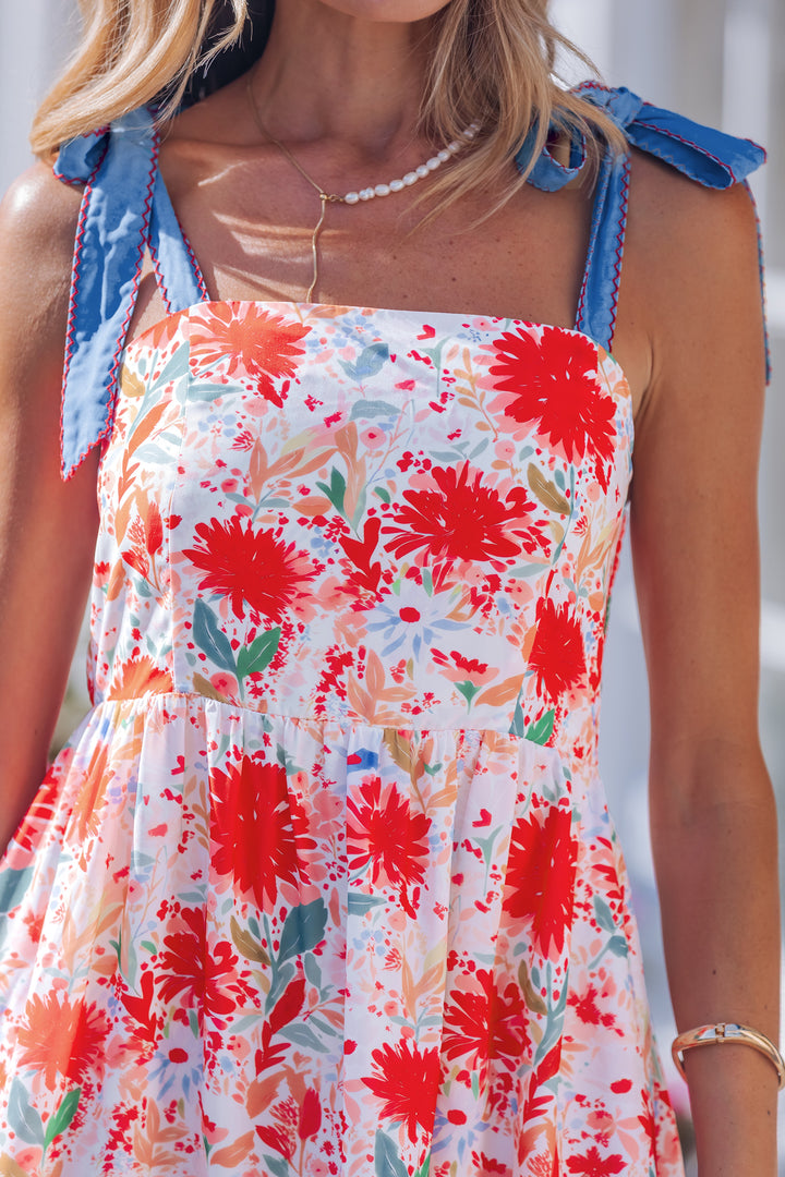 Floral Print Contrast Stitched Knot Denim Straps High Waist Dress