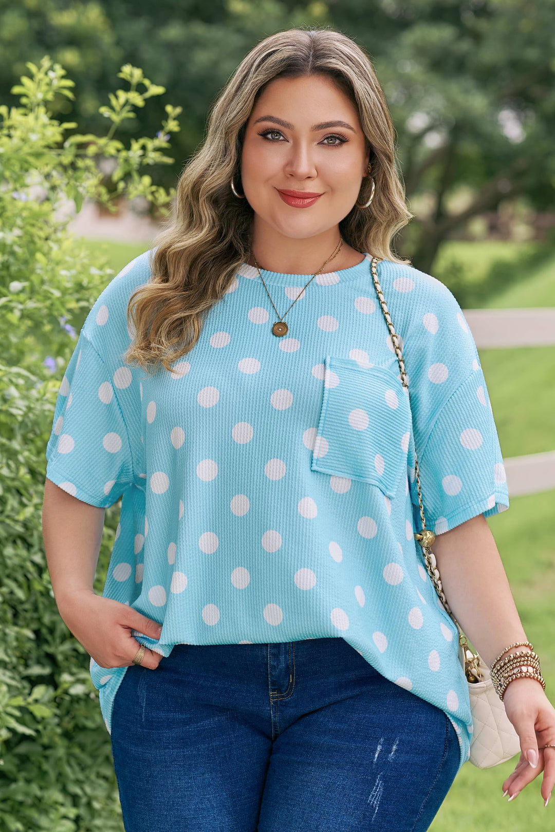 Twisted Rib Polka Dot Print Plus Size T Shirt