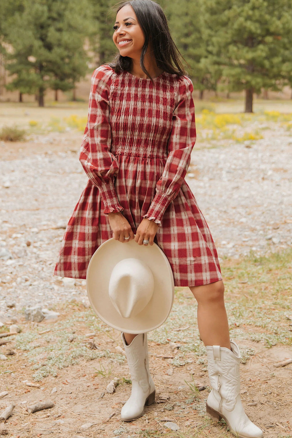 Red Plaid Print Smocked Puff Sleeve Mini Dress - Red / XL / 100%Cotton Red Plaid Print Smocked Puff Sleeve Mini Dress - Red / XL / 100%Cotton
