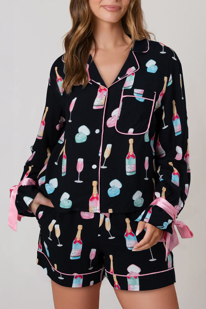 Christmas Wine Glass Print Bow Knot Two Piece Pajama Set