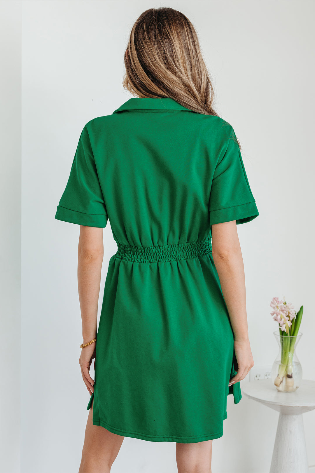 Bright Green Contrast Patchwork Half Zip Elastic Waist Short Sleeve Mini Dress