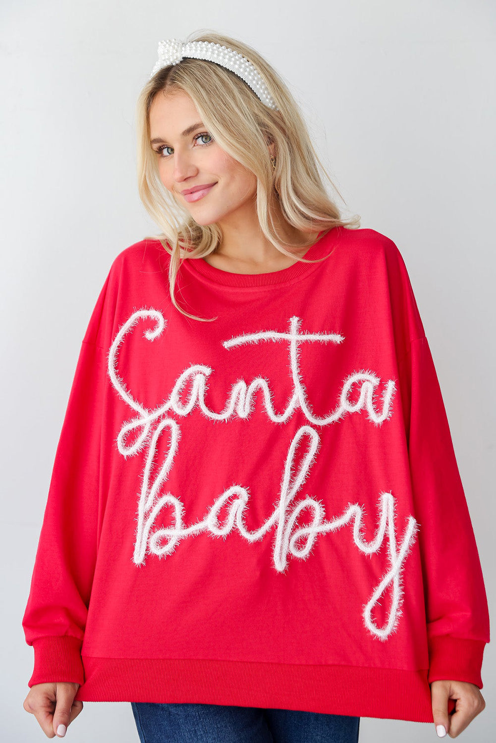 Fiery Red Christmas Santa Baby Tinsel Graphic Sweatshirt