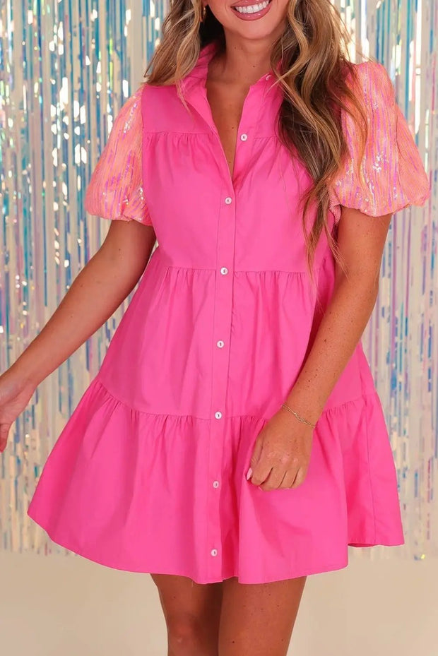 Bonbon Sequins Bubble Sleeve Tiered Mini Shirt Dress -