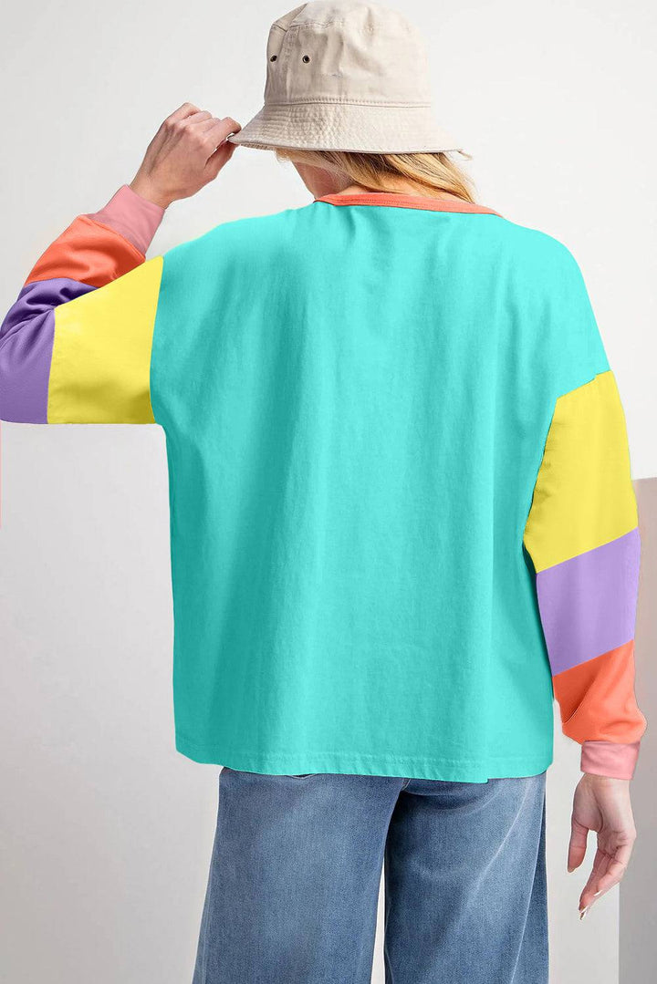 Light Blue Colorblock Patchwork Long Sleeve Loose Top