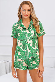 Printed Button Up Short Sleeve Top and Shorts Lounge Set - Mid Green / S