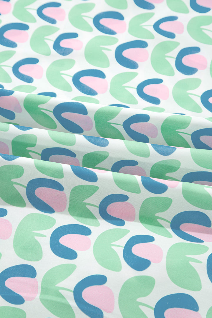 Green Floral Print Notched Neck Scalloped Detail Long Sleeve Mini Dress