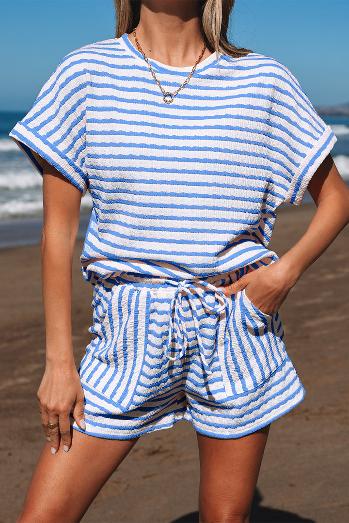 Stripe Knitted Short Sleeve Top and Drawstring Shorts Set