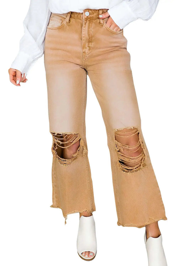 Distressed Hollow-out High Waist Cropped Flare Jeans -