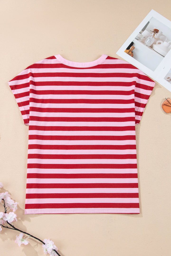 Pink Stripe Split V Neck Casual T Shirt