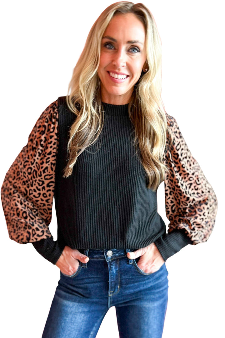 Leopard Print Long Sleeve Ribbed Knit Blouse