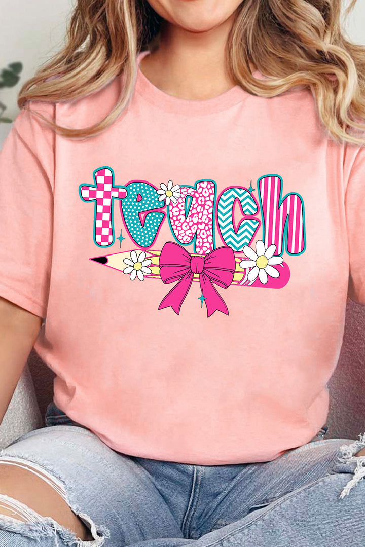 Pink Retro Checkered teach and Bow Pencil Graphic T Shirt