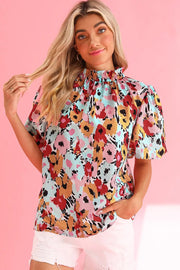 Frilled Floral Print Puff Sleeve Mock Neck Blouse -