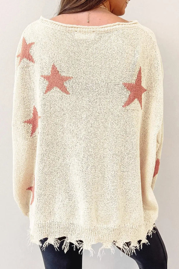 Beige Starry Long Sleeve Raw Hem Sweater -