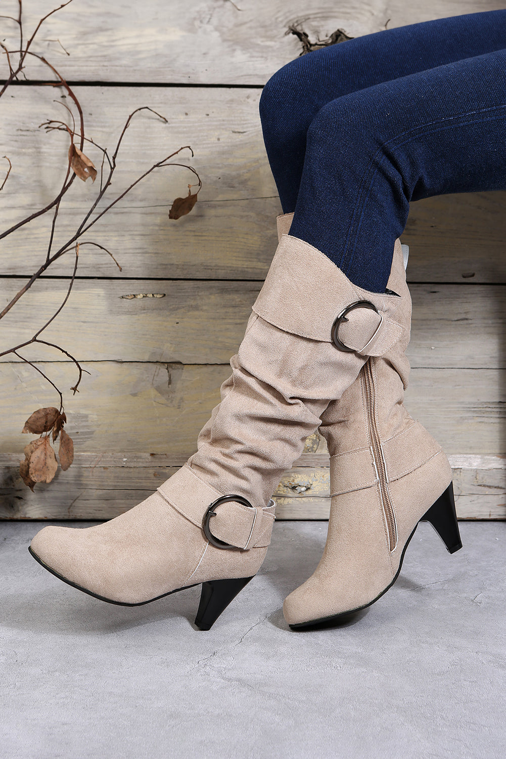 Dual Buckle Strap Side Zip Heeled Mid Calf Boots