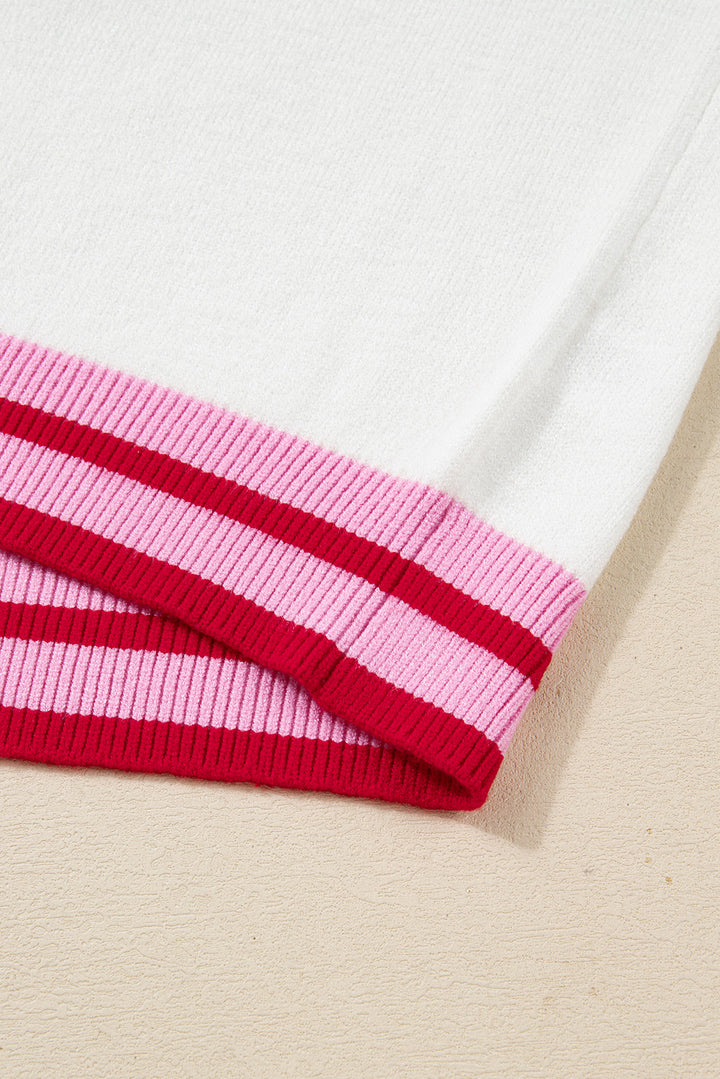 White Striped Trim Bow Graphic Round Neck Drop Shoulder Sweater