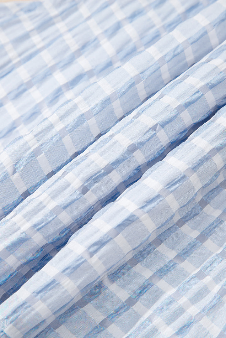 Light Blue Plaid Tiered A-line Sleeveless Mini Sundress