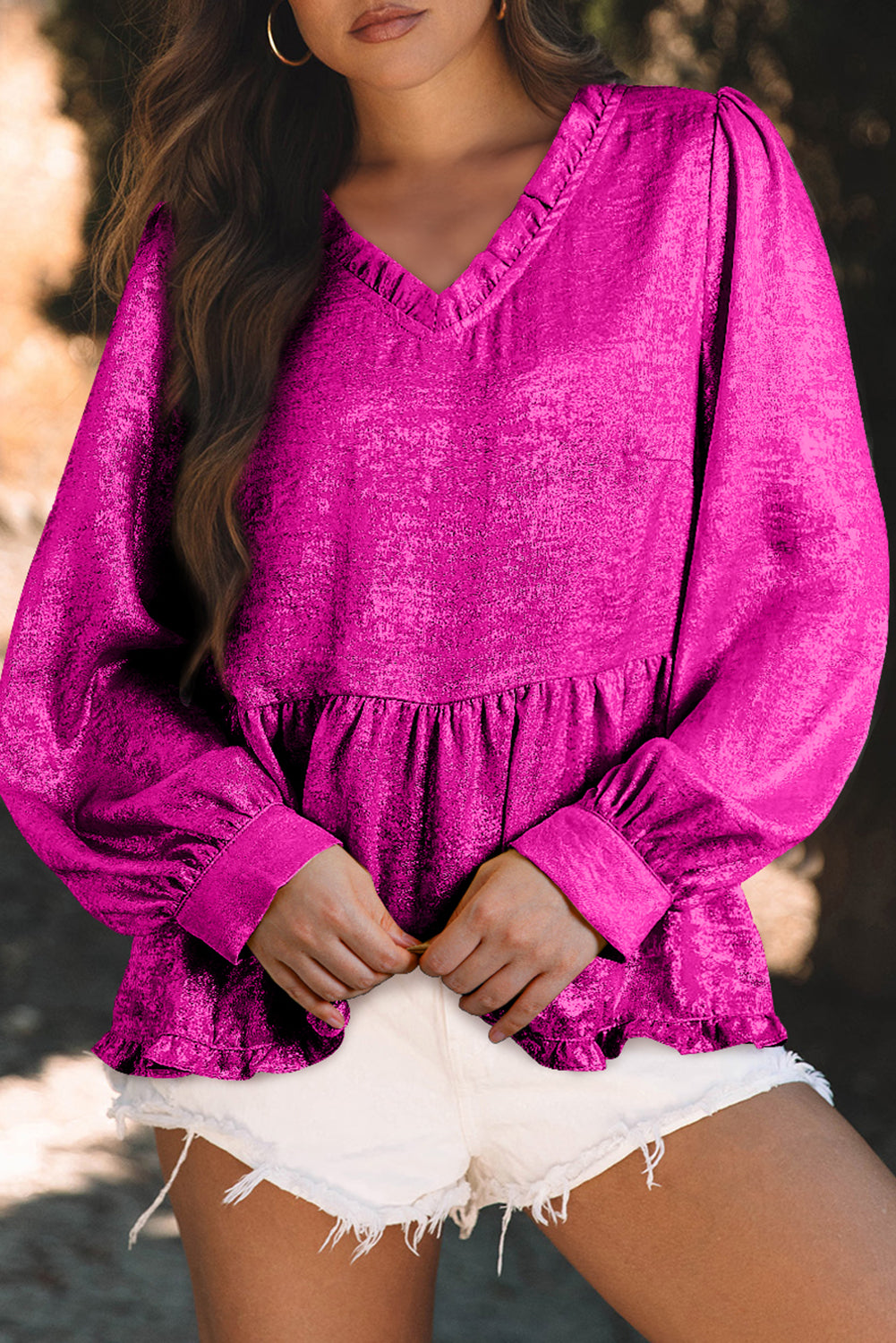 Pink Metallic Frilled V Neck Puff Sleeve Babydoll Blouse from Faith & Co. Boutique, featuring velvet texture and ruffled hem for a chic look.