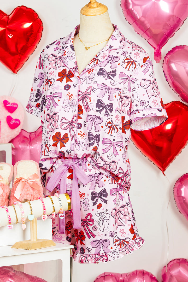 Pink Cute Ribbon Bows Printed Shirt Style 2pcs Short Pajama Set