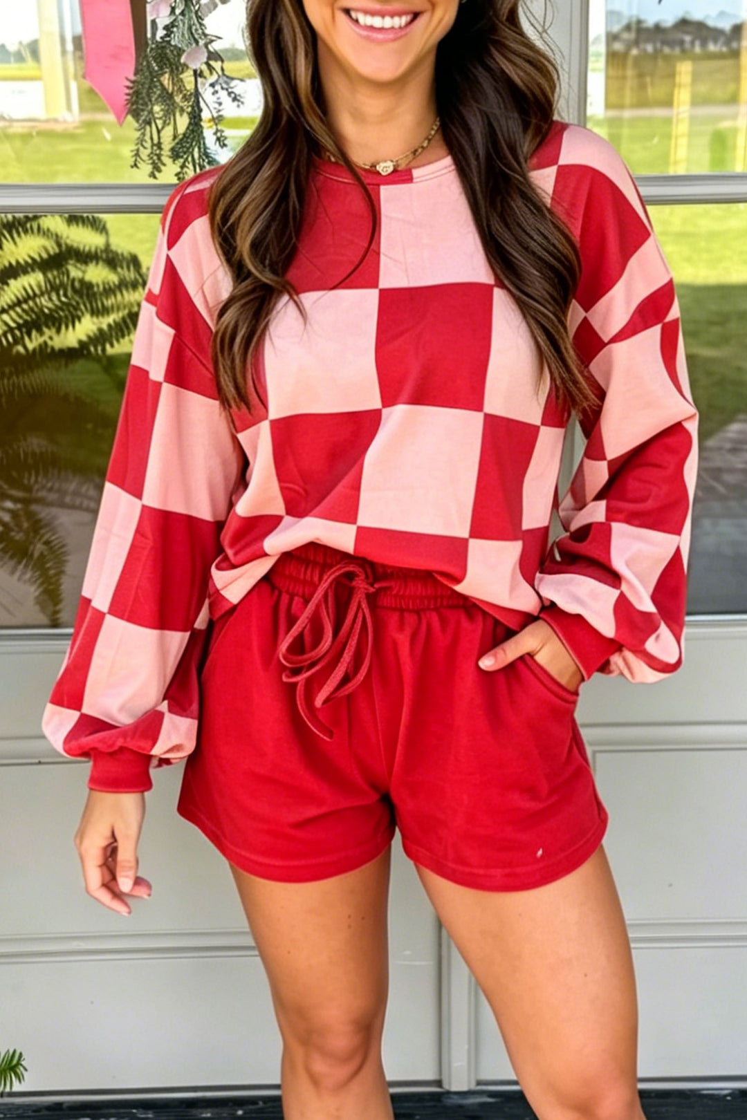 Checkerboard Plaid Long Sleeve Solid Color Shorts 2pcs Set